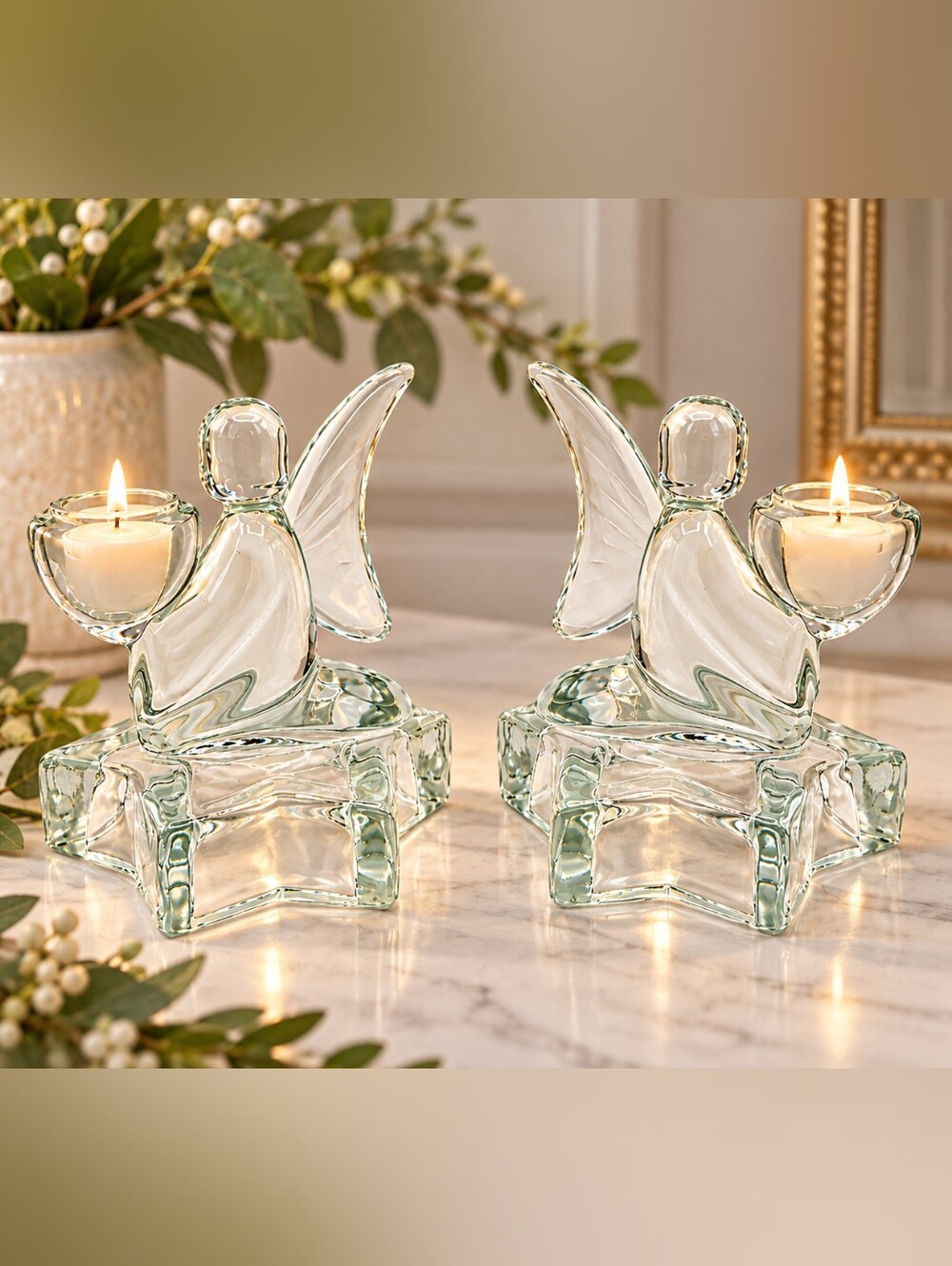 Vintage Clear Crystal Glass Angel Tea Light Candle Holders, Set of 2